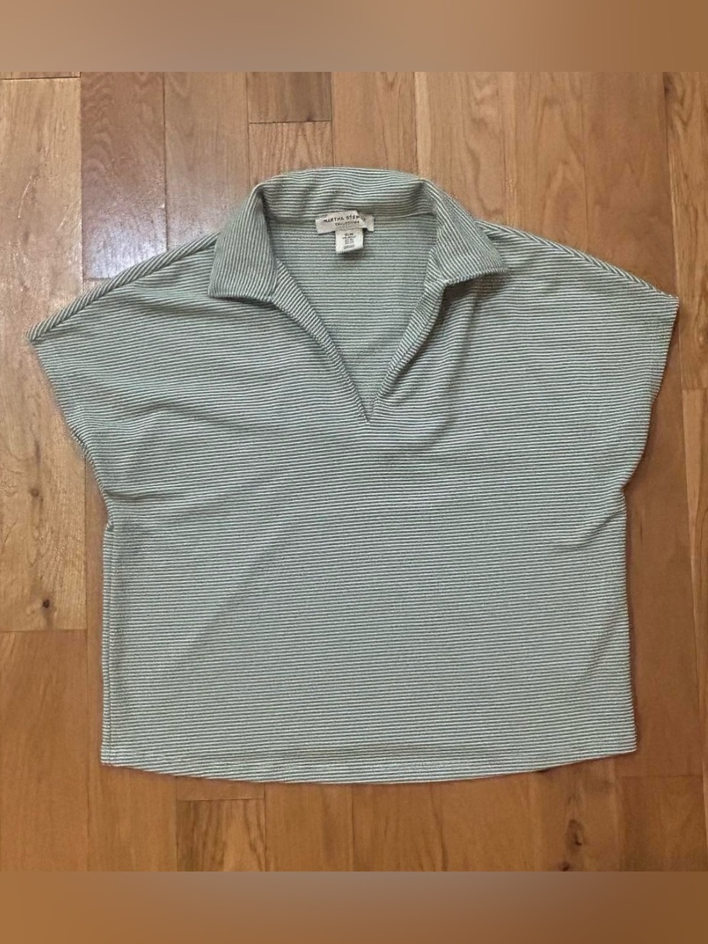 Martha Stewart Light Green and White Striped Short Sleeve Polo Top